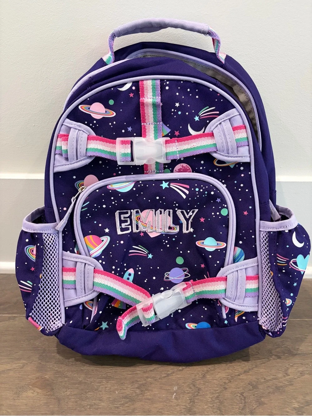 “Emily” SMALL PBK backpack, 15”, purple rainbow heart galaxy. USED